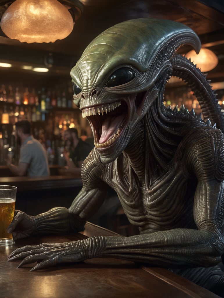 alien laughing in a bar