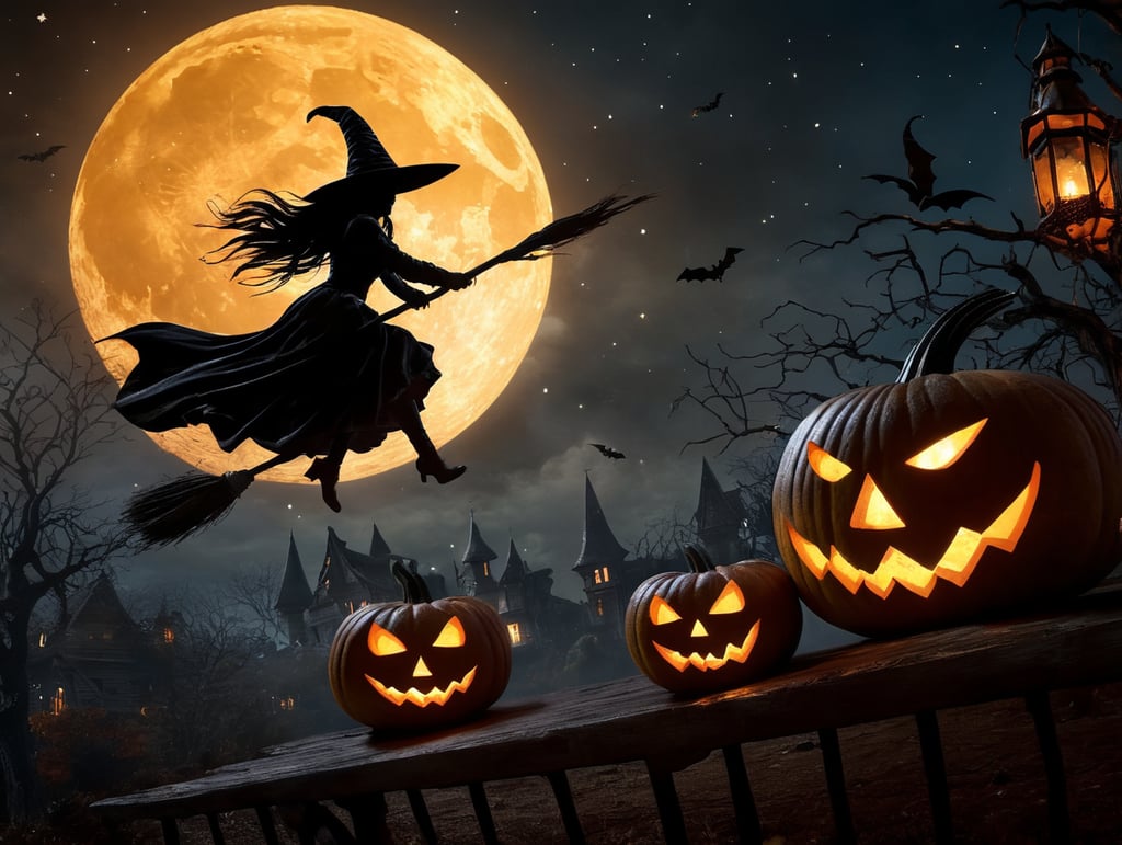Halloween pumpkin scene, dramatic lighting at night, around the pumpkin, but in the night sky the silhouette of a witch flying on a broomstick, crescent moon and stars. Depth of field.