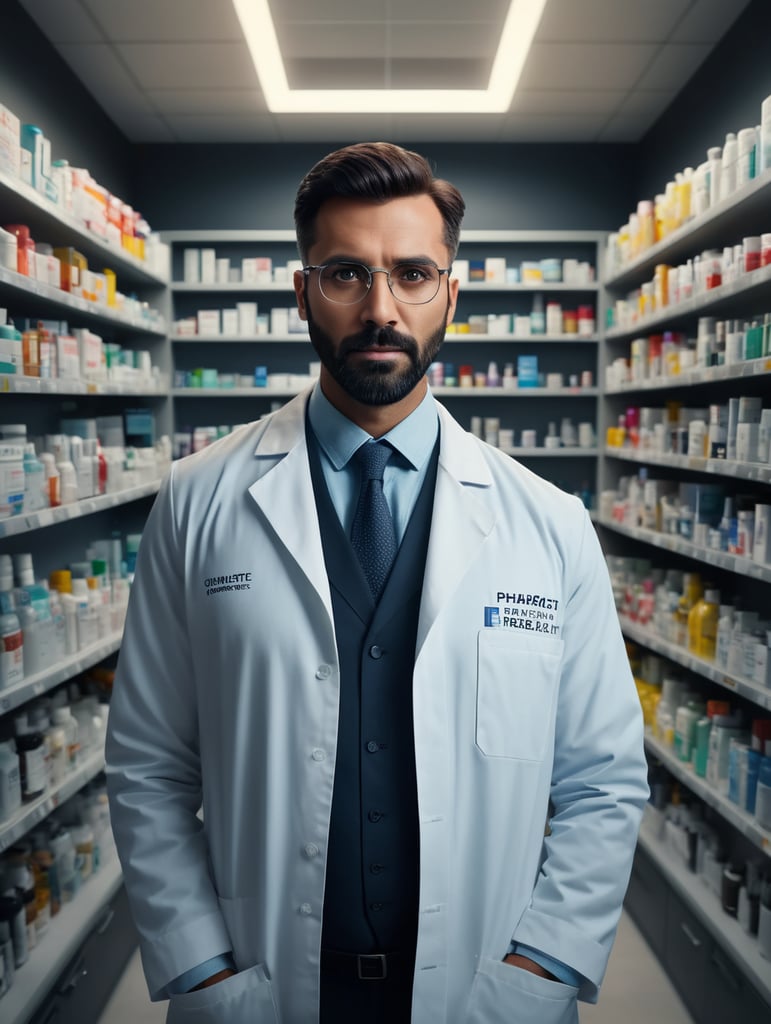 full standing centered Portrait of a Pharmacist, bright and saturated colors, highly detailed, sharp focus, Bright expressive, Depth of field, Incredibly high detailed, on a white background