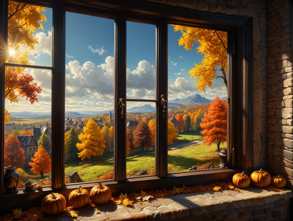 a view of calm warm sunny autumn day that seen throught an open window