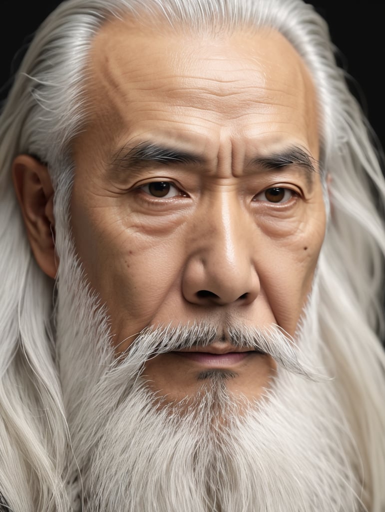 Wise old japanese man from tokyo with a long white beard, intricate, sharp focus, fantasy, cinematic lighting, other worldy, surreal 8k photo, dark moody aesthetic