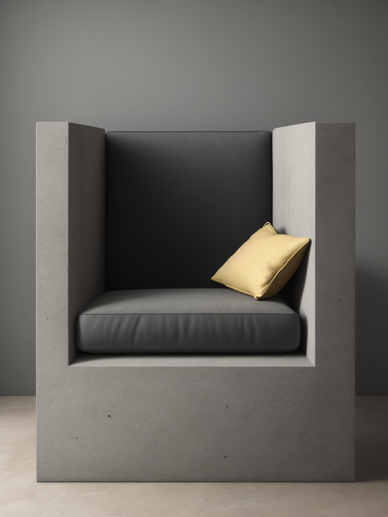 a chair made from concrete, modern design, flat shape, cube, grey background, modern art, everythink dark grey