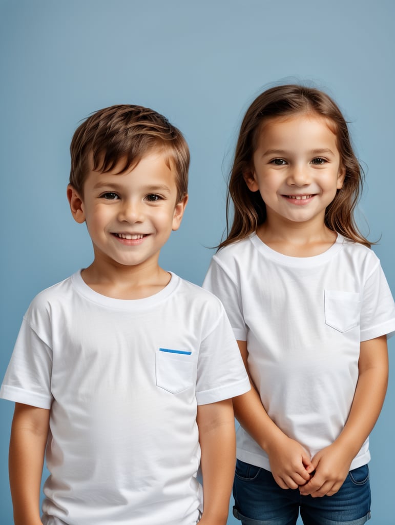 Premium Free ai Images  little boy and girl wearing white shirts standing  in front of blue background blank shirts no print years old smiling  toddlers photo for apparel mock up