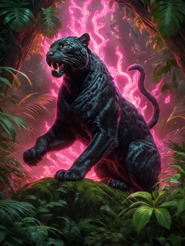 A furry cute panther surrounded by neon pink flames in a dreamy lush dark green jungle