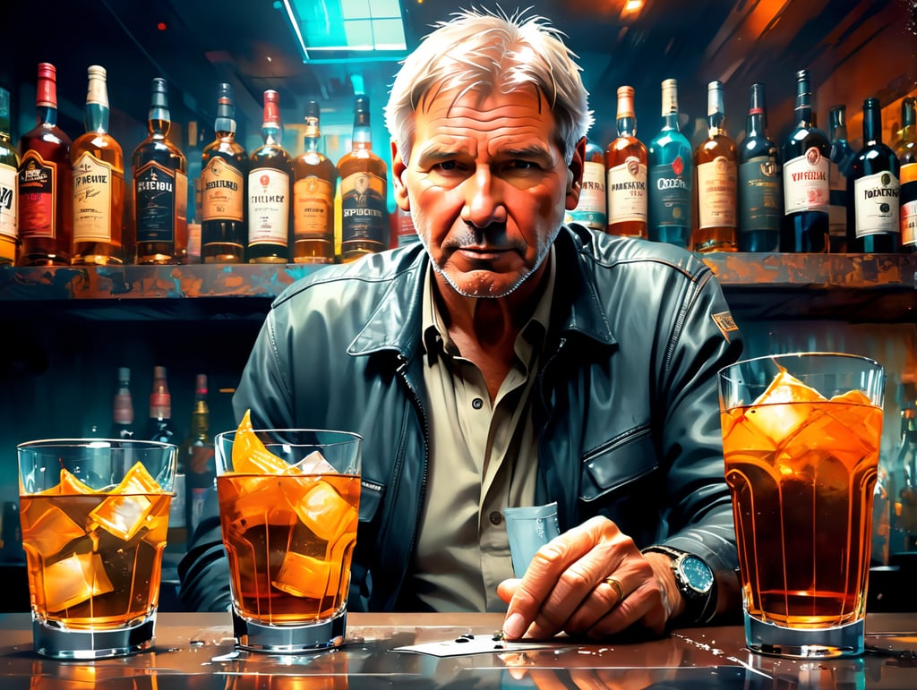 Harrison Ford down on his luck drinking scotch in a sleazy bar
