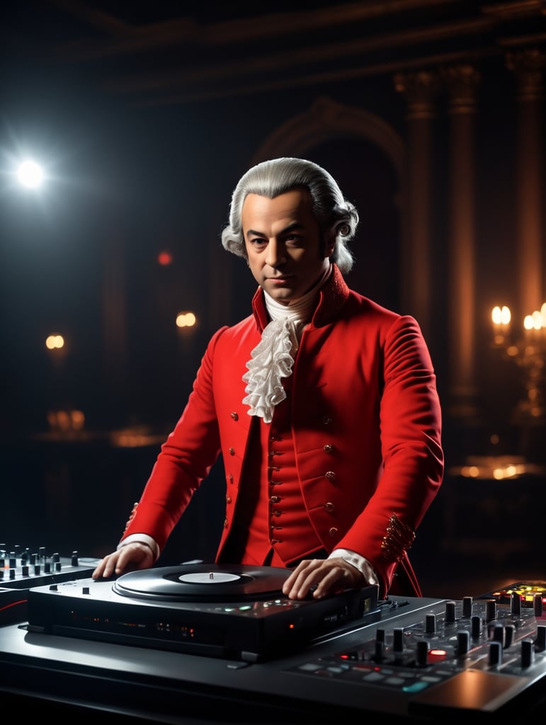 Premium Free ai Images | wolfgang amadeus mozart in th century red suit  making music on dj table against the background of the interior of the  palace full of guests studio photo