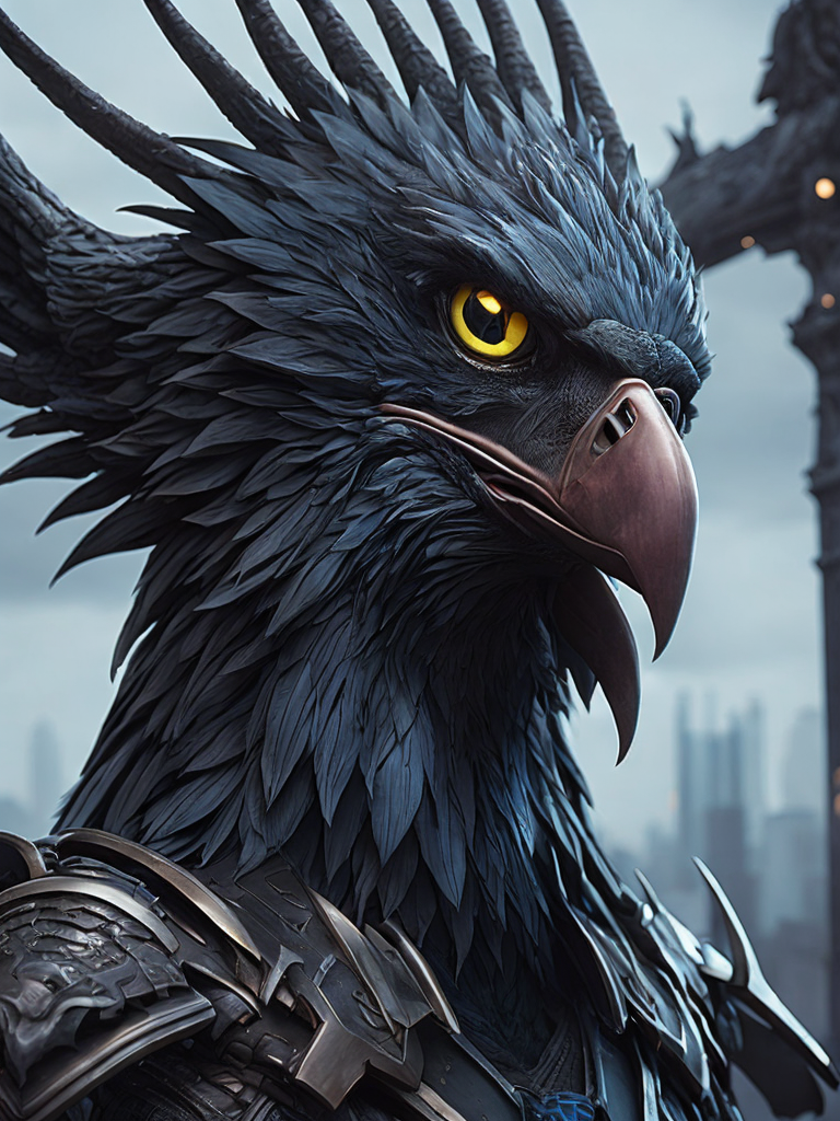 fking_scifi, award-winning photo portrait of a werecreature wereeagle, wearing neon [blue|pink|black] armor, scifi balcony with large towers in background, large head, intricate details
