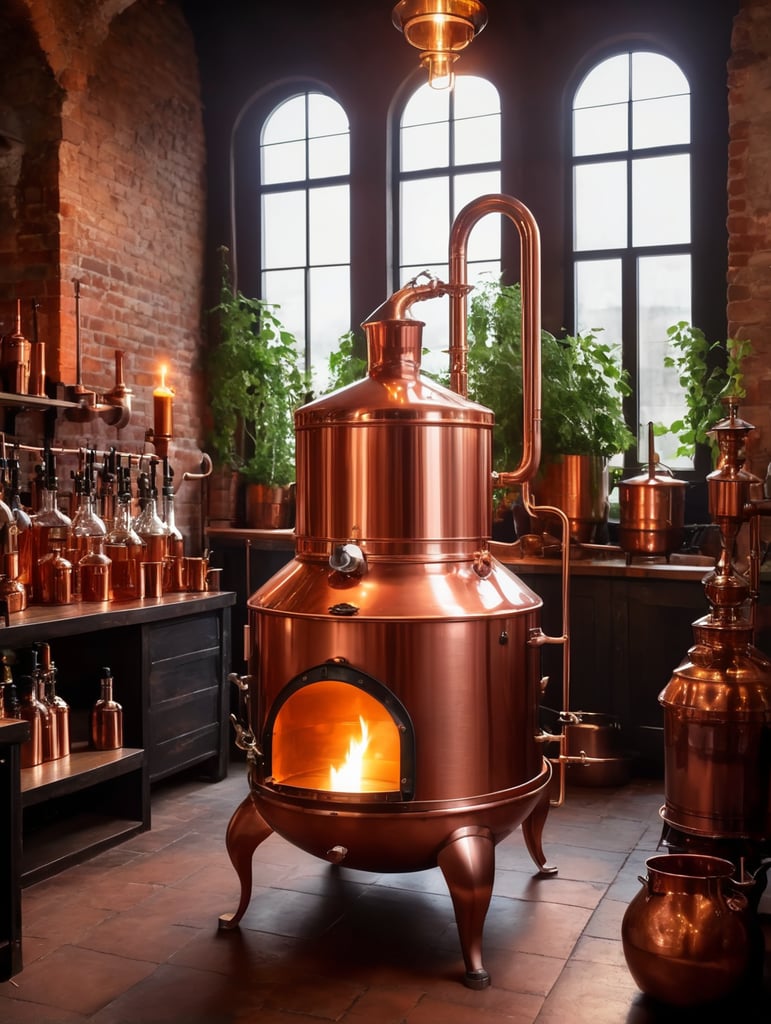 Premium Free ai Images | close up of copper distillation unit alembic ...