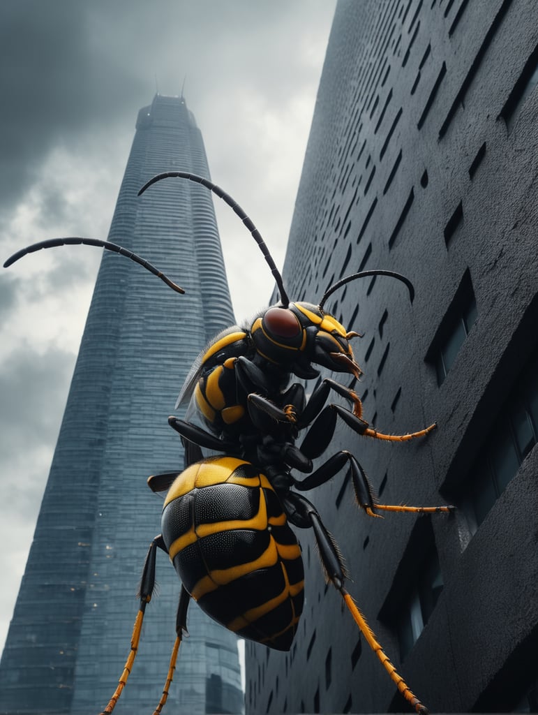 gigantic wasp climbs up on skyscraper side view