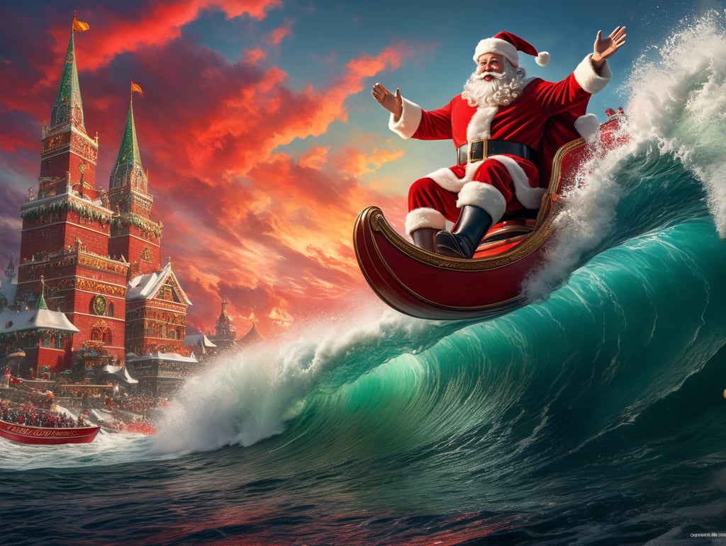 Santa Claus Surfing, Saturated colors, red outfit