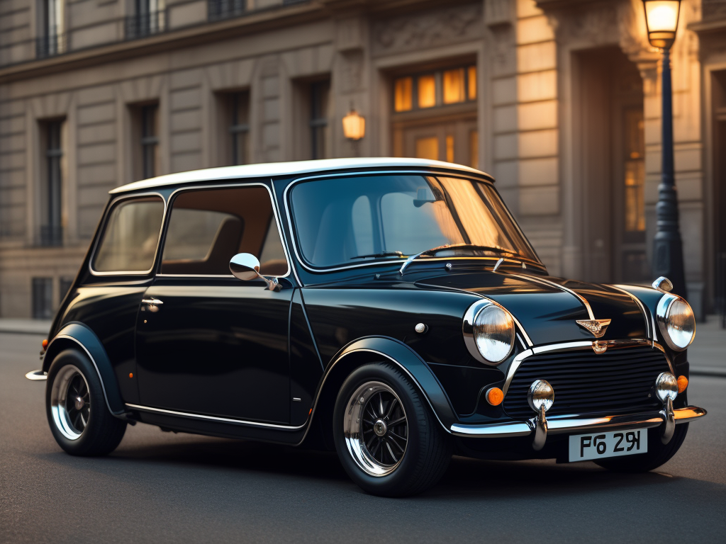 A black austin mini from 1970, with a lot of details, on paris