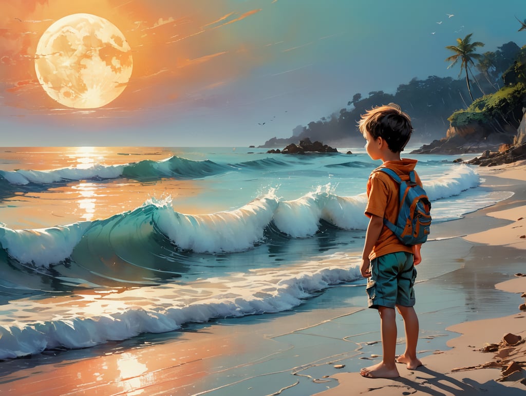 A breathtaking digital painting depicting a young child on the shore, illuminated by the soft glow of the moon. The child's eyes are fixated on the horizon, a mix of curiosity and anticipation. The color palette is muted and ethereal, capturing the mystical quality of the scene. The waves crash gently against the shore, filling the air with a soothing symphony. The painting is created with meticulous attention to detail, from the intricate texture of the sand to the play of light on the water's surface. The wide angle lens used in the painting adds depth and dimension, allowing the viewer to fully immerse themselves in the beauty of the moment.