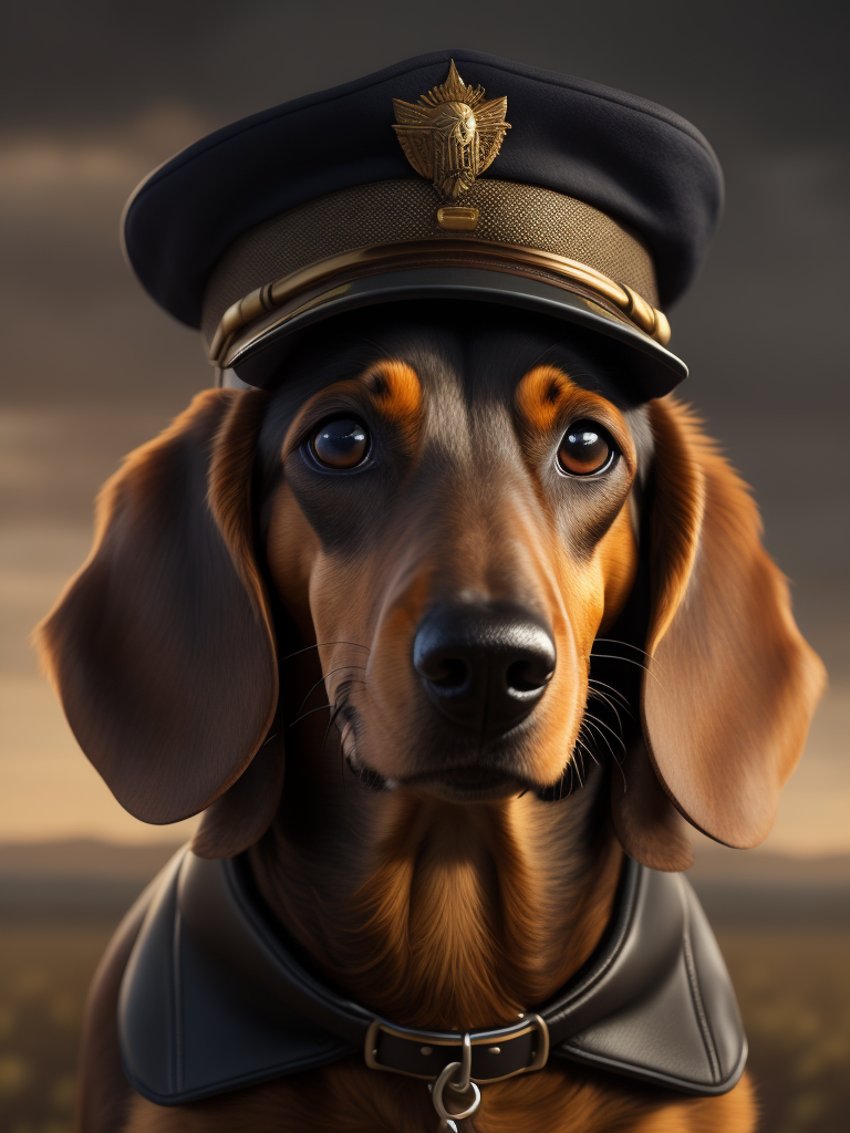 Premium Free ai Images | create an image of long hair dachshund that is the  captain of an airplane the dog is black and brown and wearing pilot hat