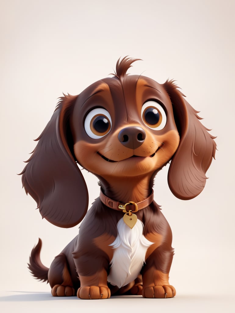 A chocolate brown dachshund with big brown eyes, floppy ears, and white chest, in the style of a Pixar movie character