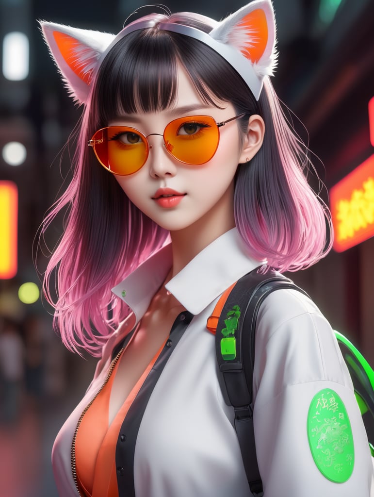 Premium Free ai Images  premium ai image modern anime character of chinese  girl ai generated neon sunglasses small cat lizard