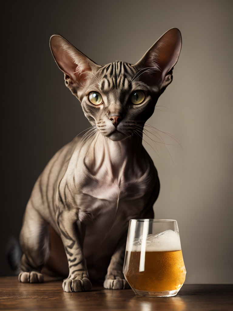 Sphynx cat holding glass with beer, studio photography, magazine photography, earth tones