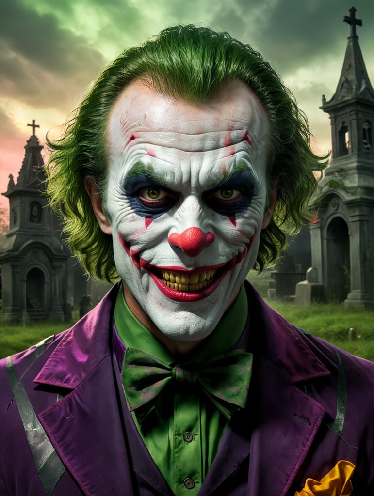 Portrait of a scientist in a joker costume for Halloween, scary makeup on his face, dark atmosphere, vintage style, green and pink colors, highly detailed photo, professional photo, against the backdrop of an old creepy cemetery, contrasting light, bright colors