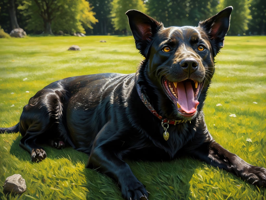 Black dog lying on it’s back on grass, happy, tongue out, Sunny day