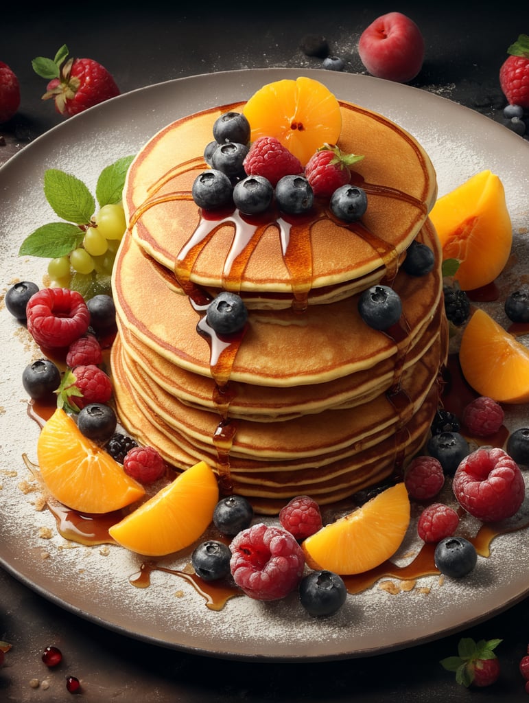 high quality cinematic food explosion, pancake with fruits, natural background