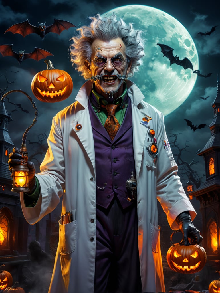 mad Scientist is an evil character wearing a spooky Halloween costume, Vivid saturated colors, and Contrasting colors, with a background full of bats and a bright moon