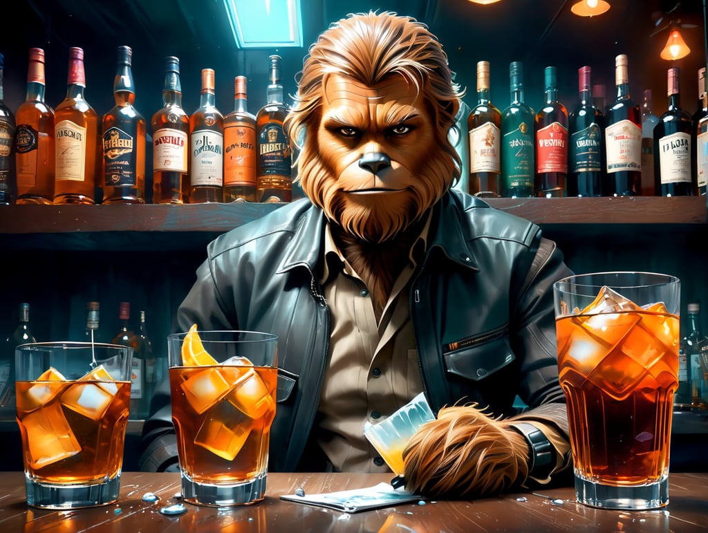 Chewbacca down on his luck drinking scotch in a sleazy bar