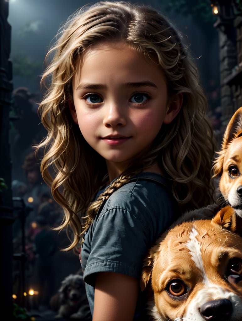 a young girl with dog, creative, and kind-hearted person with long, curly blonde hair, big eyes, small nose, and a smiling mouth, standing centered in 2D style, rendered using beautiful Disney animation, Pixar style, Disney style, 2D style