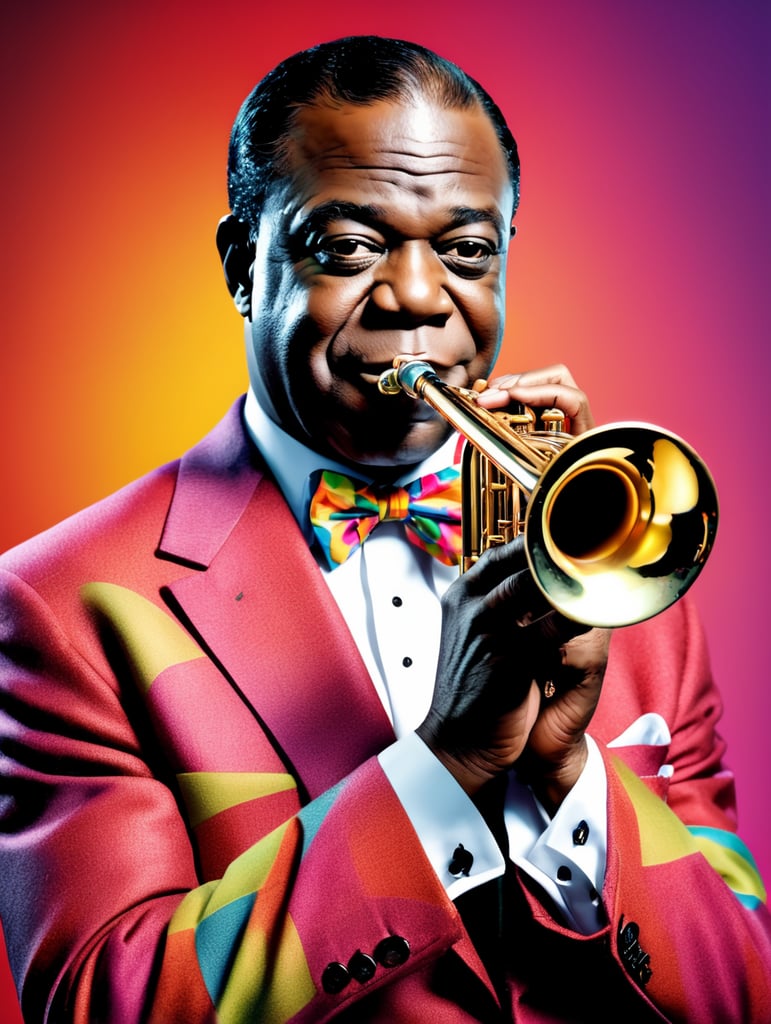 Louis Armstrong plays the trumpet, dressed in a colorful suit with a bow tie, studio photo, professional photo, Bright and rich colors, Detailed image, detailed face, bright background