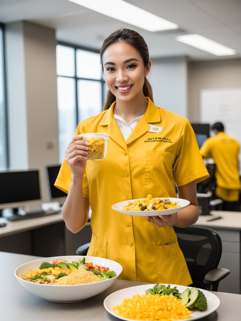 estudiante femenino de nutrición con uniforme amarillo y muestra de comida en la mano en un consultorio
