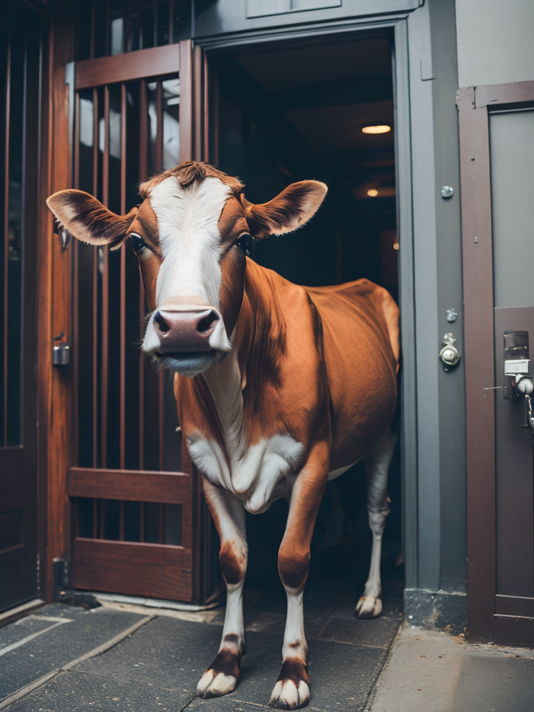 Cute small jersey cow waving at me and smiling greeting me in front of theater door
