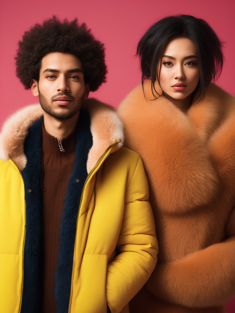 Man and women wearing a very fluffy jackets, yellow fluffy jackets, on a pink background, bright colors