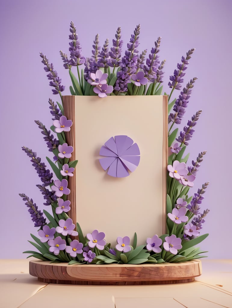a piece of wood surrounded by small lavender flowers made of paper on a lavender background