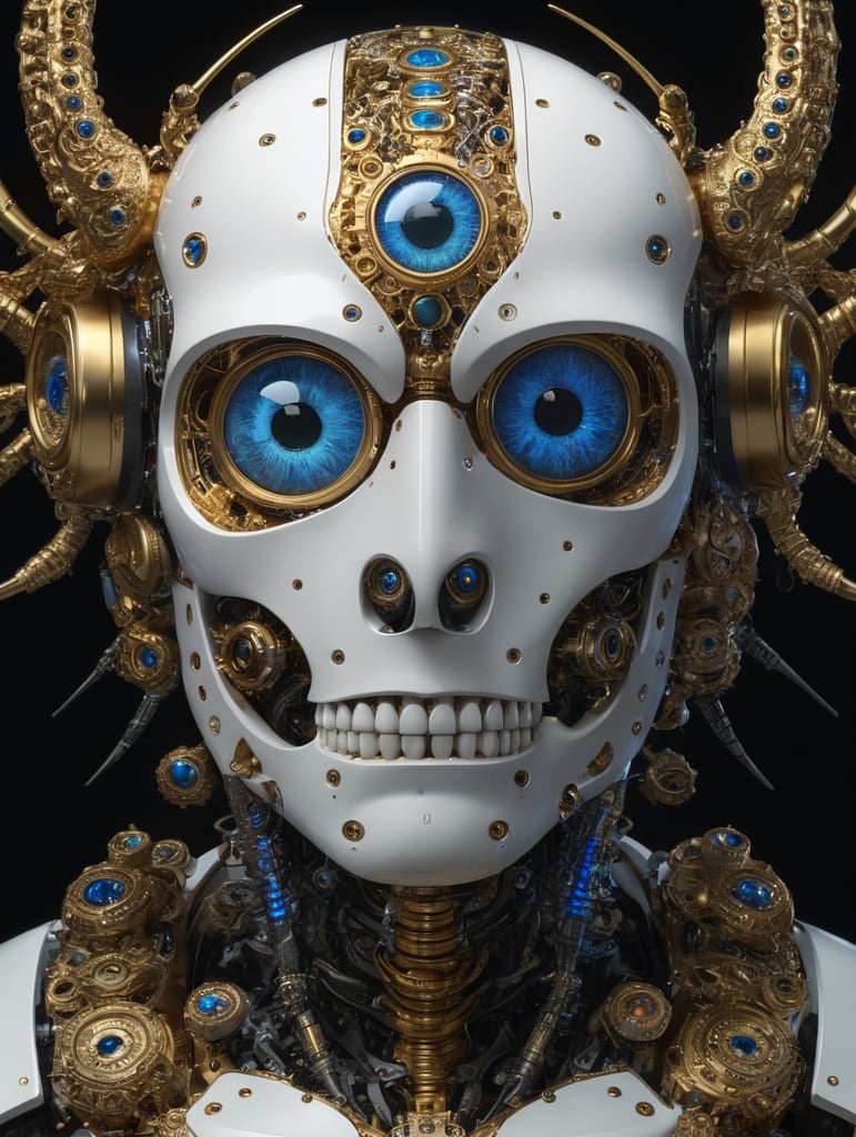 Made of segmented white plastic and gold, biomechanoid Biomechanical, biological robot with many eyes, extra eyes , multiple glowing blue eyes, with six eyes, dark fantasy, cinematic, 3d render