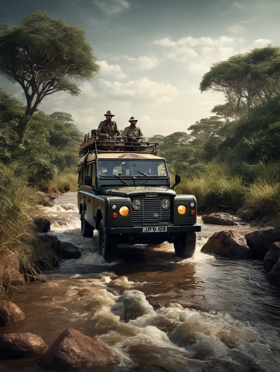 Premium Free ai Images | single safari guide driving landrover through ...