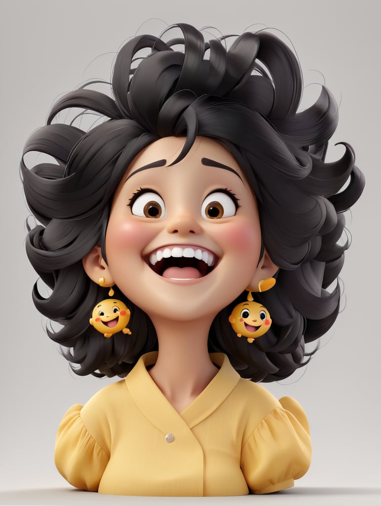 Extreme happiness, laughter emoji as a human, isolated, grey background, black hair