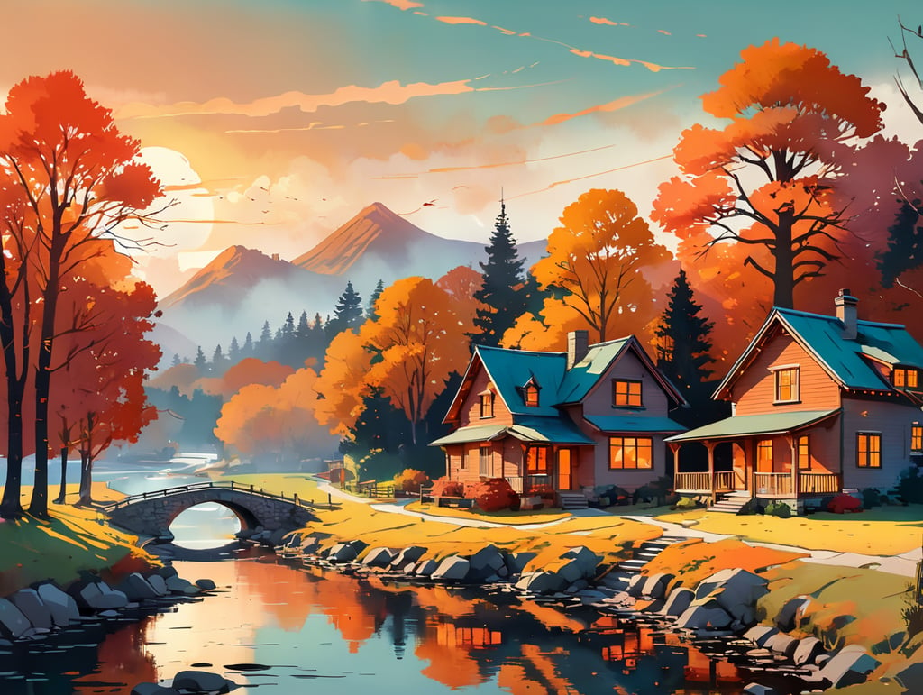 A vector flat illustration of a picturesque autumn village, with stylized cottages nestled among vibrant trees, smoke rising from chimneys, and a winding river reflecting the fall foliage, all bathed in the warm hues of sunset, Vector Flat Illustration, crafted with vector graphics software to convey the idyllic and cozy atmosphere of a rural autumn setting