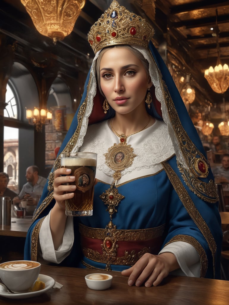 Hyper detailed Virgen maria portrait hyper realistic drinking cafe