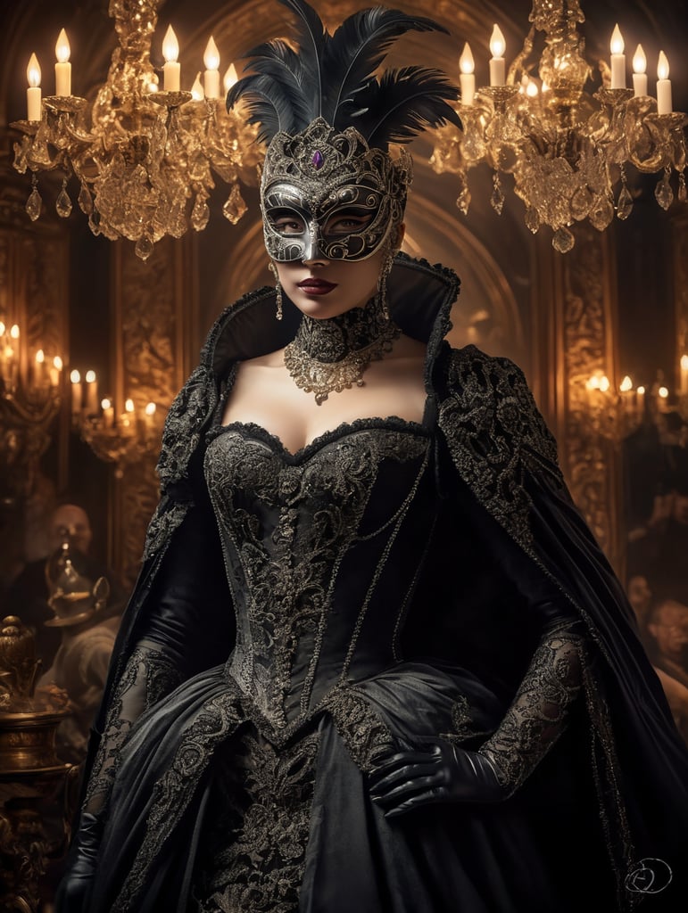 A mysterious figure, masked and adorned in a dark, elegant costume, exudes an air of intrigue. They stand amidst the opulence of a Venetian masquerade ball, captured in a hauntingly beautiful portrait by a masquerade ball enthusiast, 18th century. The image is bathed in the soft light of candlelit chandeliers
