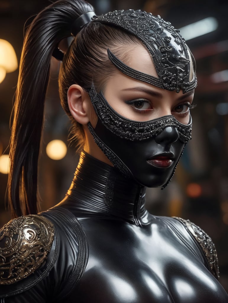 Premium Free ai Images | full latex masked girl with ponytail completely  covered in shiny rubber