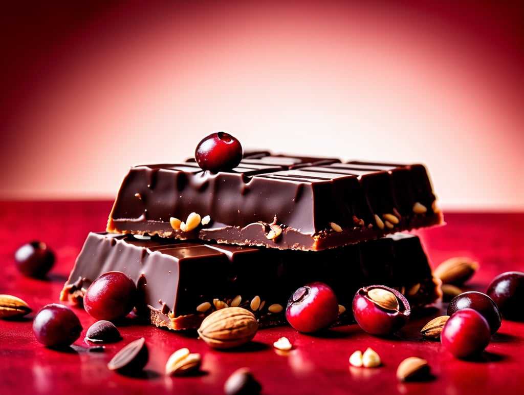 Dark Chocolate bar with Nuts and red Dried Cranberries brilliant colors nutty goodness food photography gourmet dessert chocolaty indulgence insta foodie delicious delights christmas red background tempting dessert food art