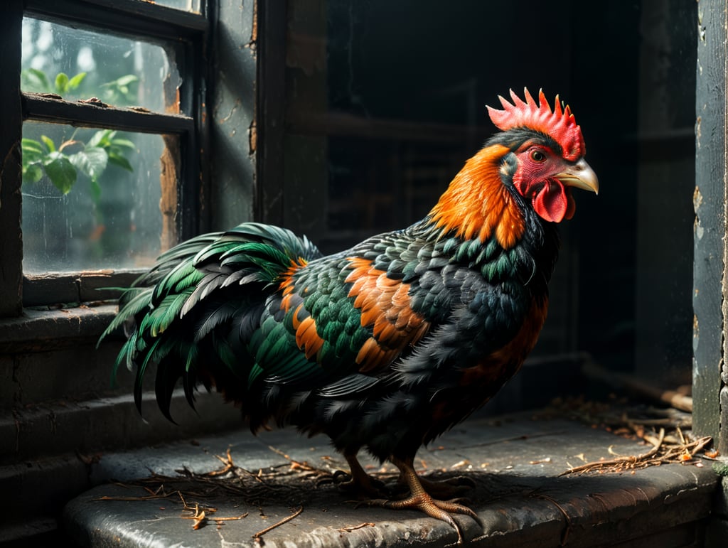 Use the reference image and place a rooster with black and green mottled feathers and an orange neck at front of the window