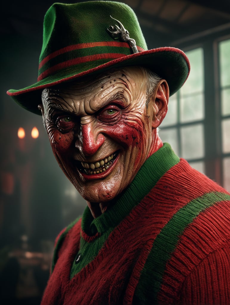 Freddy Krueger with Putin's face, metal claws, red sweater with green stripes, black hat, evil smile, Halloween, Vivid saturated colors, Contrast color
