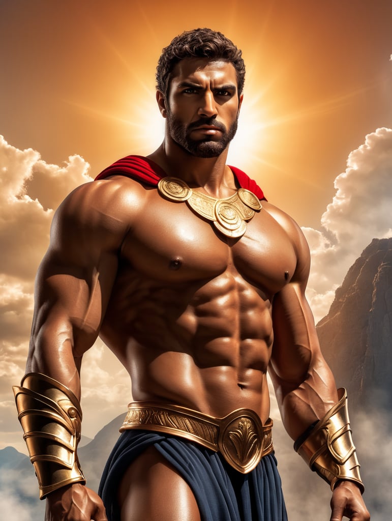 a Greek warrior with helmet, ancient greek demi god, muscles, full body, hyper realistic, red gold colours, energy blast in background, light in the sky, sun, bright, glorious, marvellous, epic, heroic, very detailed greek human face, perfect face, correct face