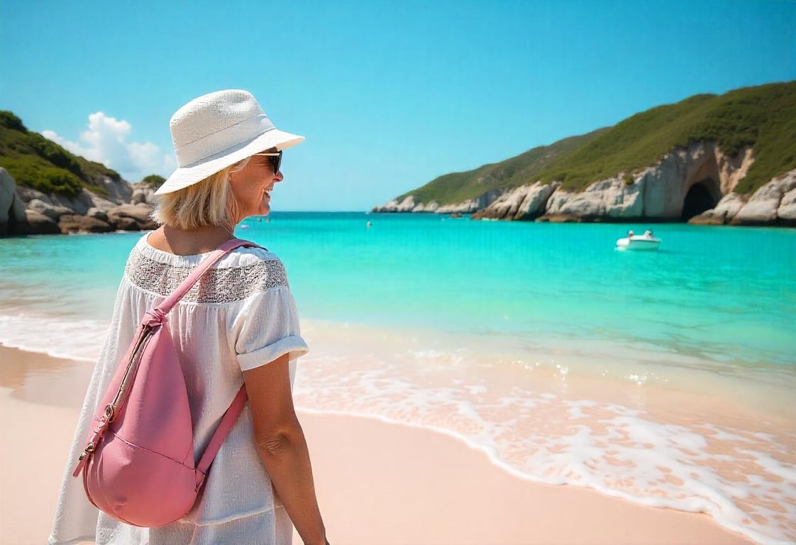 Image of a senior in a vacation trip in a beautiful sandy beach