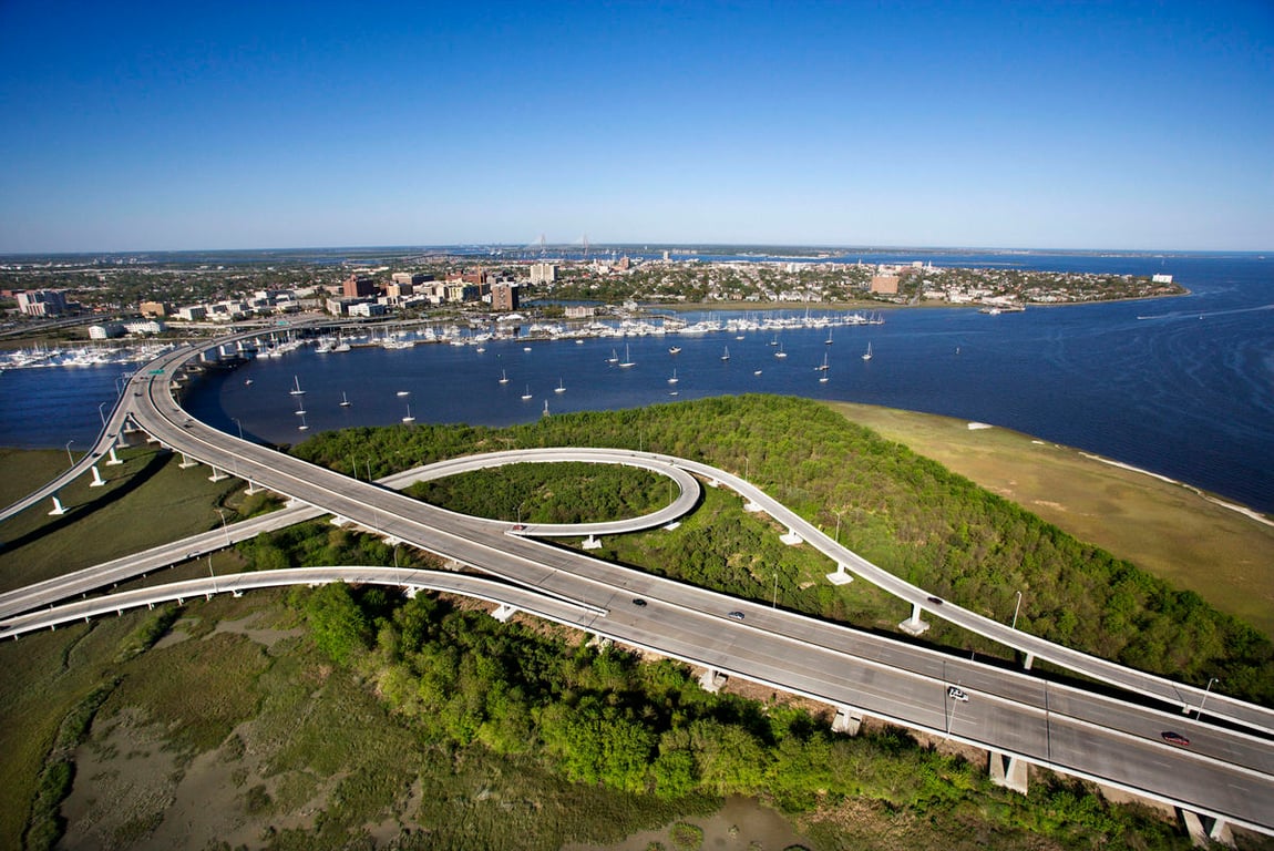 Aerial of bridge over Ashley River, Charleston, South Carolina