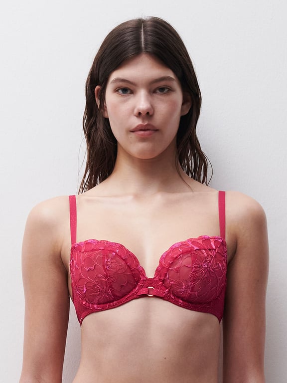 Fleurs Lace Unlined Plunge Bra Candy Apple Shades - 2
