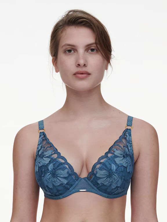 Fleurs Signature Lace Plunge T-Shirt Bra Jeans Blue Denim - 0