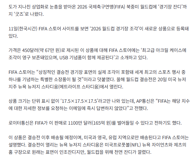[속보]돈 된다면 경기장 잔디까지 팔아… 북중미 월드컵 경기장 잔디 450달러 '굿즈'로 2