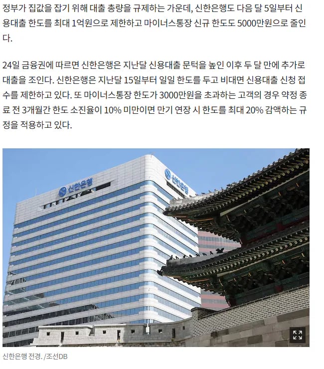 신한은행, 신용대출 최대 1억으로 제한 2