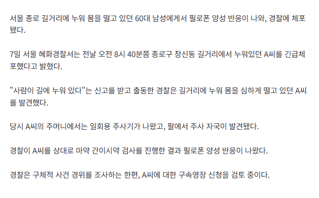 [속보] "길에 누워 몸 심하게 떨고 있어"…서울 종로 길거리에 누워있던 男, 마약 양성반응 2