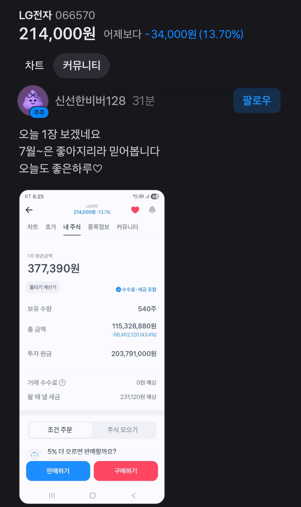 현재 난리난 LG전자 주가 폭락 커뮤반응들 5